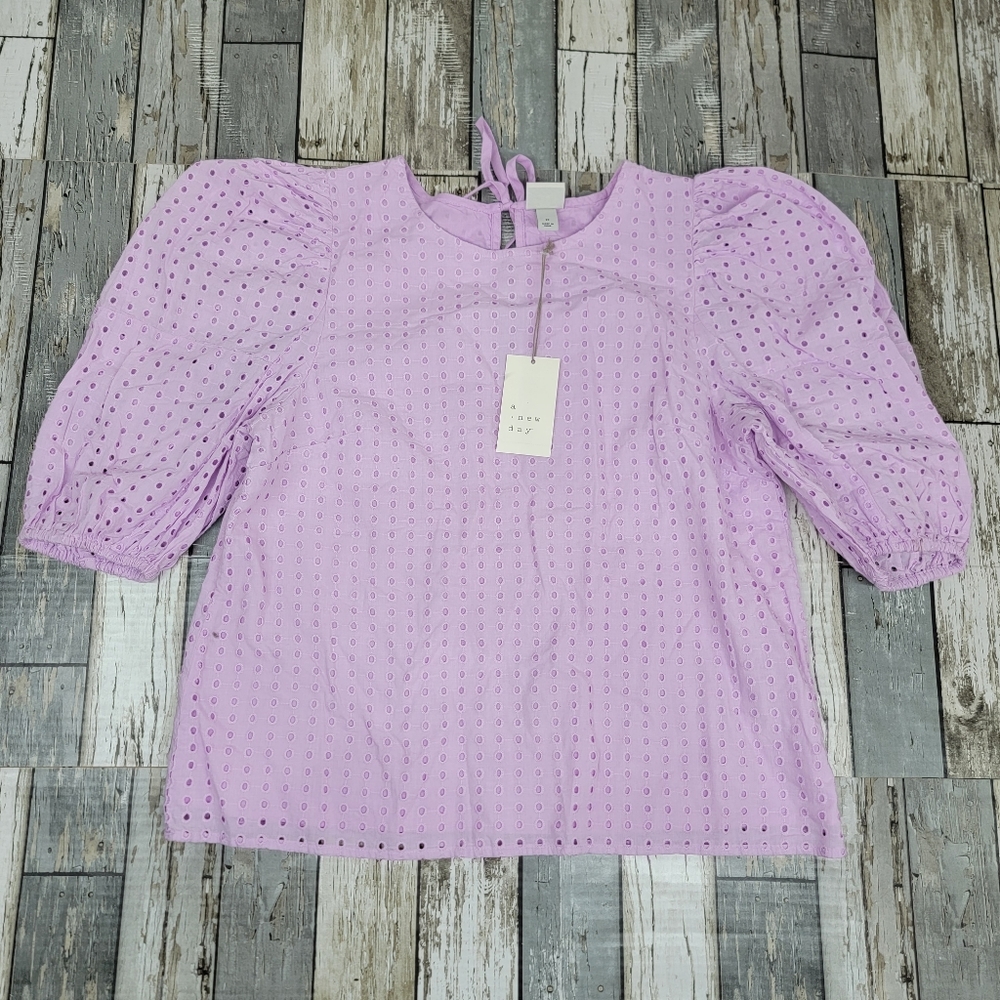 Nwt Womens Puff Sleeve Eyelet Top - A New Day Size M Lightweight Blouse. #C-J12